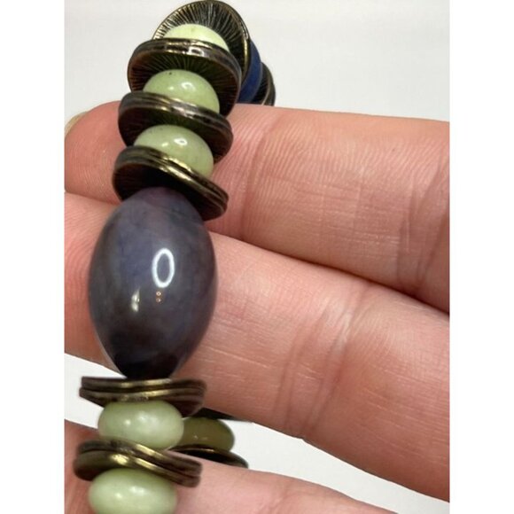 Boho Stretch Bracelet – Ballet Purple, Navy Blue & Sage Green Glass Beads with A - Picture 5 of 7